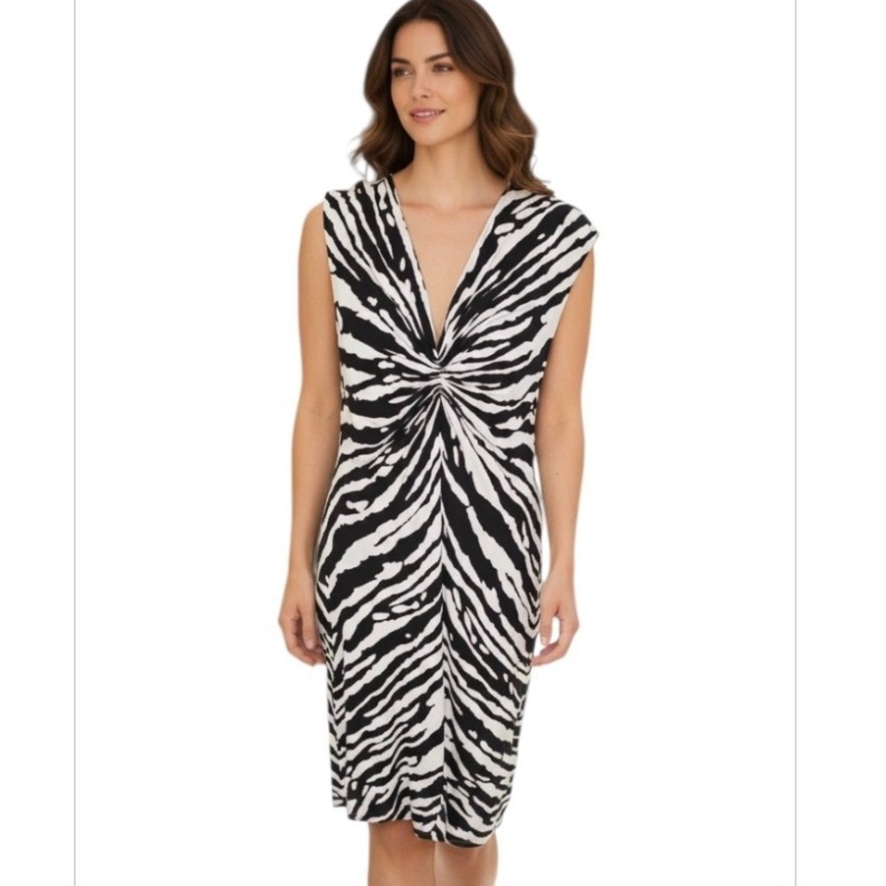 Michael Kors Black White Zebra‎ Print Knot VNeck Sleeveless Midi Dress Large